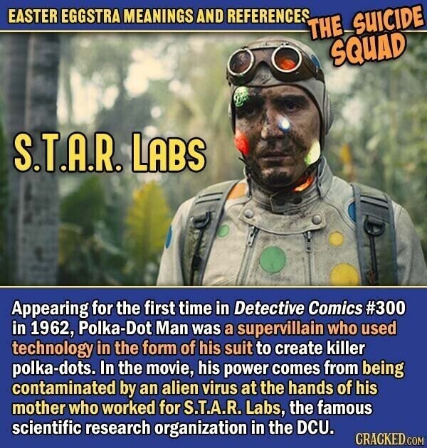 EASTER EGGSTRA MEANINGS AND REFERENCES THE SUICIDE SQUAD S.T.A.R. LABS Appearing for the first time in Detective Comics #300 in 1962, Polka-Dot Man was a supervillain who used technology in the form of his suit to create killer polka-dots. In the movie, his power comes from being contaminated by an alien virus at the hands of his mother who worked for S.T.A.R. Labs, the famous scientific research organization in the DCU. CRACKED.COM