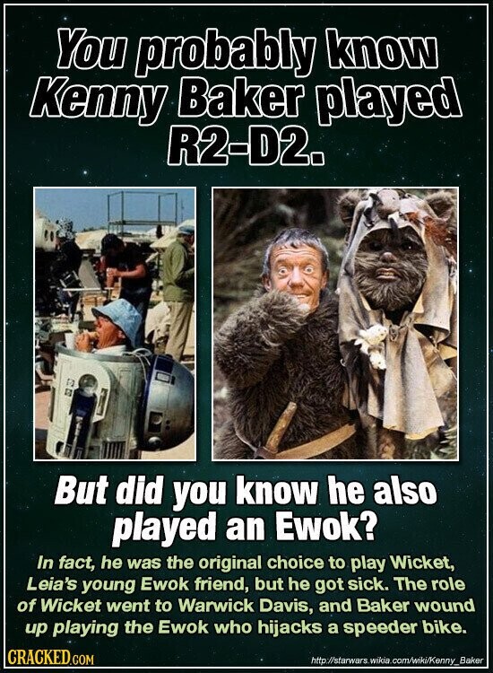 You probably know Kenny Baker played R2-D2. But did you know he also played an Ewok? In fact, he was the original choice to play Wicket, Leia's young Ewok friend, but he got sick. The role of Wicket went to Warwick Davis, and Baker wound up playing the Ewok who hijacks a speeder bike. CRACKED.COM http://starwars.wikia.com/wiki/Kenny_Baker