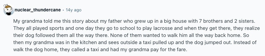 inuclear_thundercane, 14y ago My grandma told me this story about my father who grew up in a big house with 7 brothers and 2 sisters. They all played sports and one day they go to school to play lacrosse and when they get there, they realize their dog followed them all the way there. None of them wanted to walk him all the way back home. So then my grandma was in the kitchen and sees outside a taxi pulled up and the dog jumped out. Instead of walk the dog home, they called a taxi and had my grandma 