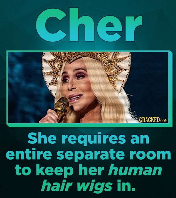 Cher CRACKED.COM She requires an entire separate room to keep her human hair wigs in.