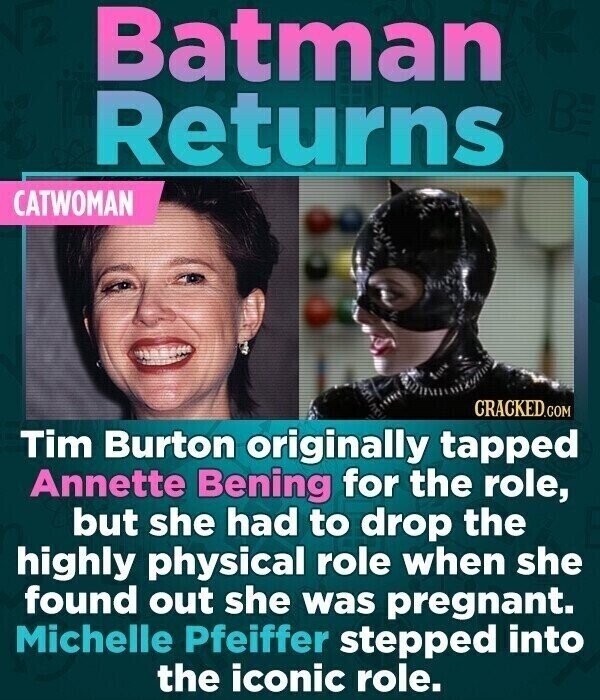 Batman Returns BE CATWOMAN CRACKED.COM Tim Burton originally tapped Annette Bening for the role, but she had to drop the highly physical role when she found out she was pregnant. Michelle Pfeiffer stepped into the iconic role.