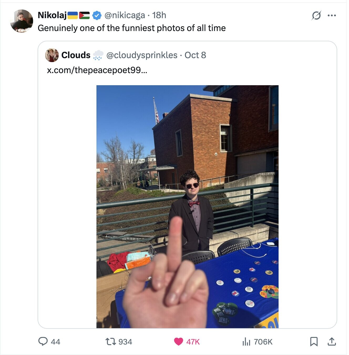 Nikolaj @nikicaga 18h S ... Genuinely one of the funniest photos of all time Clouds @cloudysprinkles Oct 8 x.com/thepeacepoet99... BIG BIG BIG 47K 44 706K 934 