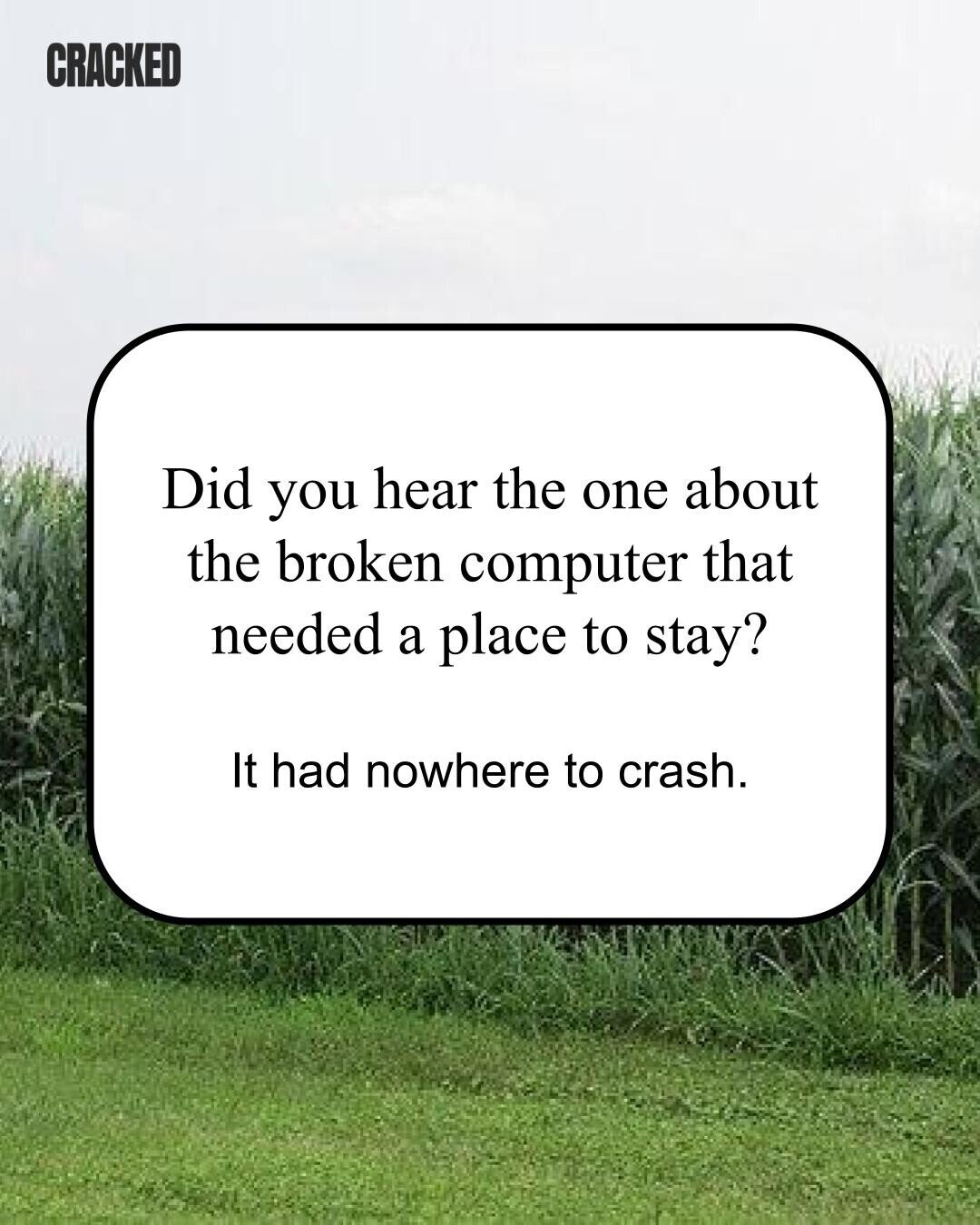 CRACKED Did you hear the one about the broken computer that needed a place to stay? It had nowhere to crash. 
