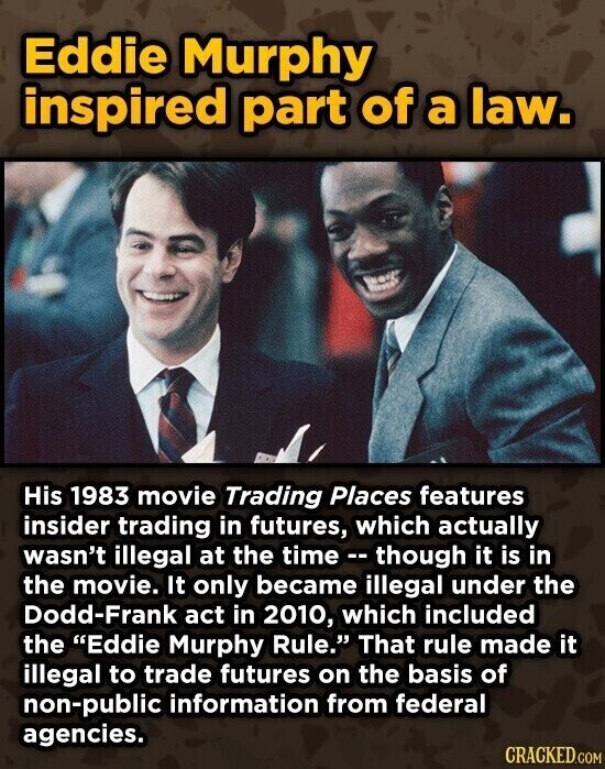 Eddie Murphy inspired part of a law. His 1983 movie Trading Places features insider trading in futures, which actually wasn't illegal at the time - - though it is in the movie. It only became illegal under the Dodd-Frank act in 2010, which included the Eddie Murphy Rule. That rule made it illegal to trade futures on the basis of non-public information from federal agencies. CRACKED.COM