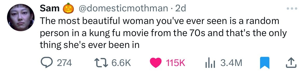 Sam @domesticmothman 2d The most beautiful woman you've ever seen is a random person in a kung fu movie from the 70s and that's the only thing she's ever been in 274 6.6K 115K 3.4M