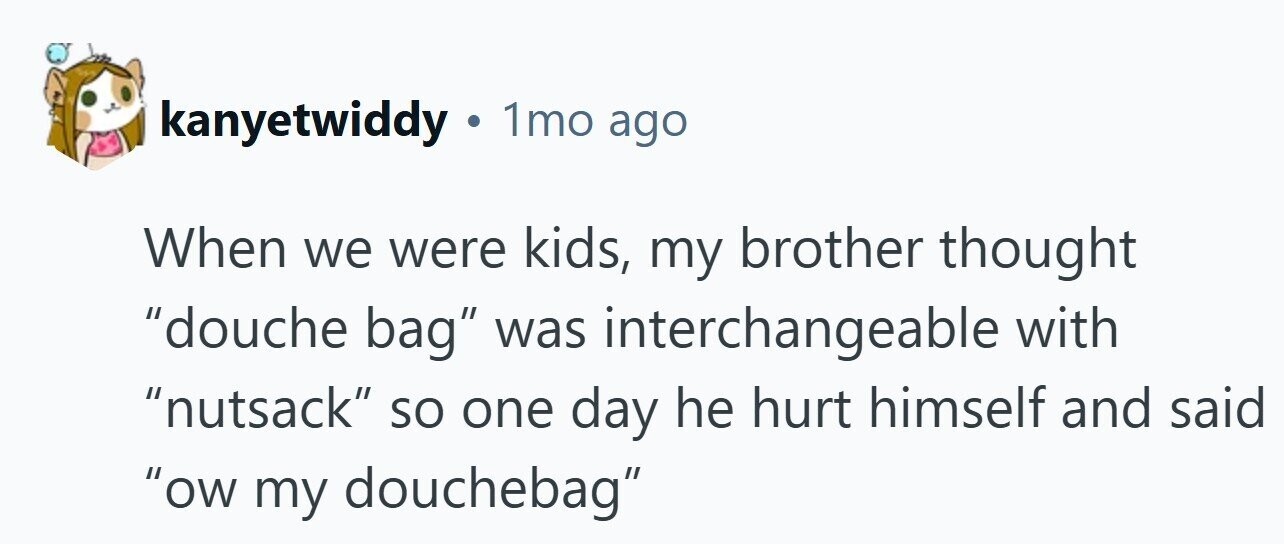 kanyetwiddy . 1mo ago When we were kids, my brother thought douche bag was interchangeable with nutsack so one day he hurt himself and said ow my douchebag 