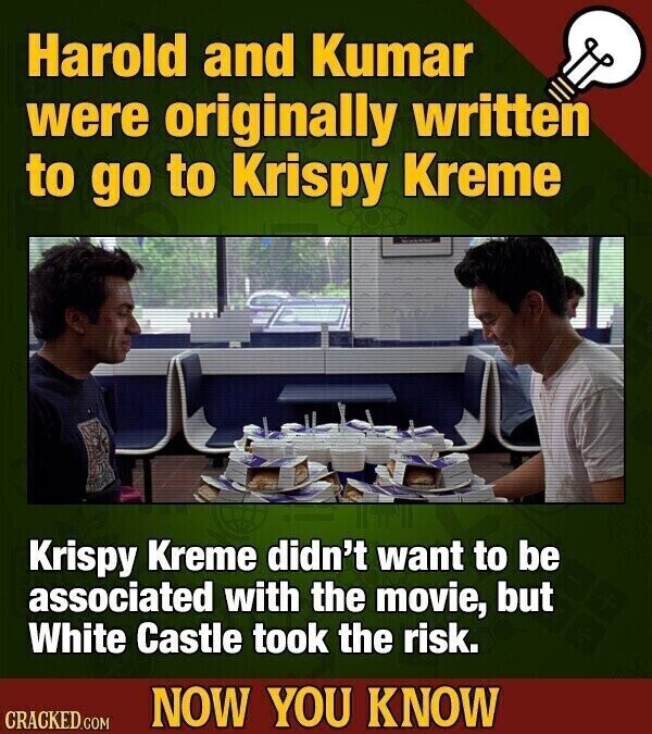 Harold and Kumar were originally written to go to Krispy Kreme Krispy Kreme didn't want to be associated with the movie, but White Castle took the risk. NOW YOU KNOW CRACKED.COM