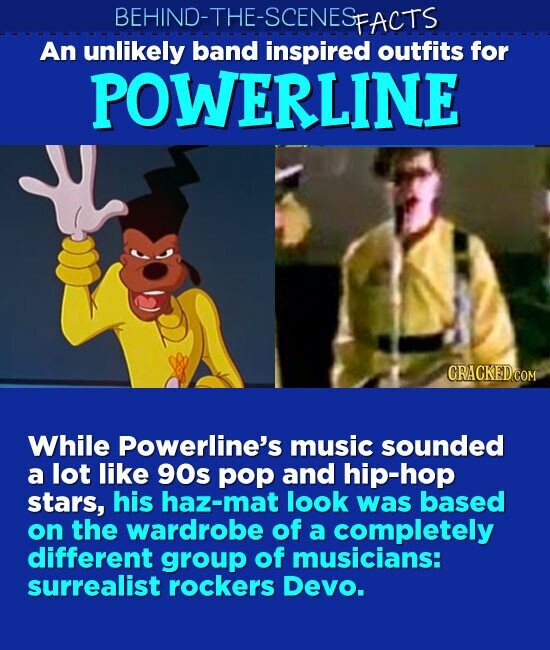 BEHIND-THE-SCENESFACTS -SCENES An unlikely band inspired outfits for POWERLINE CRACKED.COM While Powerline's music sounded a lot like 90s pop and hip-hop stars, his haz-mat look was based on the wardrobe of a completely different group of musicians: surrealist rockers Devo.