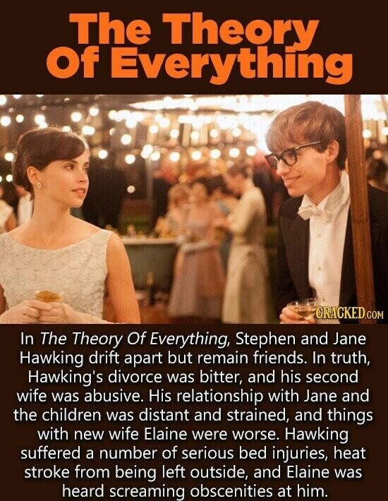 The Theory Of Everything GRACKED.COM In The Theory Of Everything, Stephen and Jane Hawking drift apart but remain friends. In truth, Hawking's divorce was bitter, and his second wife was abusive. His relationship with Jane and the children was distant and strained, and things with new wife Elaine were worse. Hawking suffered a number of serious bed injuries, heat stroke from being left outside, and Elaine was heard screaming obscenities at him.