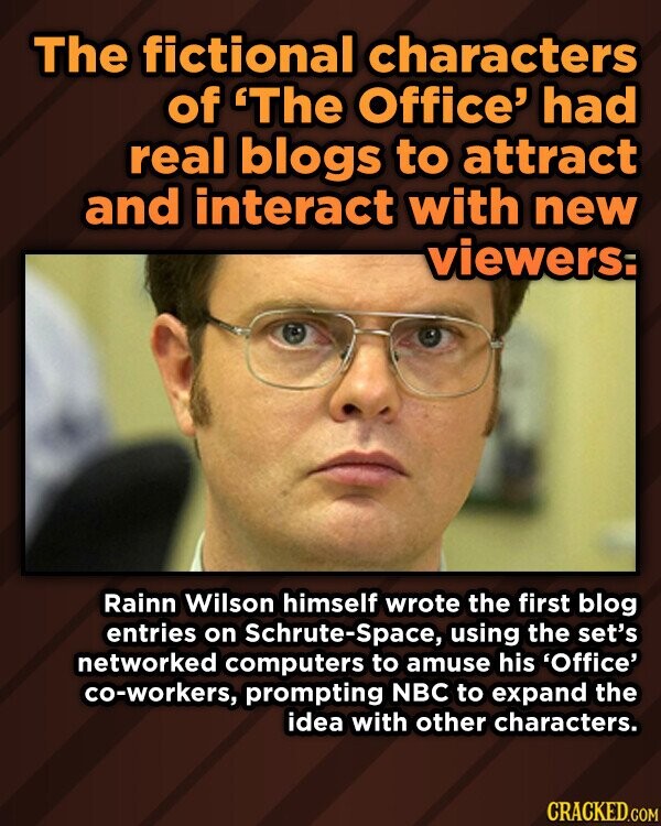 The fictional characters of 'The Office' had real blogs to attract and interact with new viewers: Rainn Wilson himself wrote the first blog entries on Schrute-Space, using the set's networked computers to amuse his 'Office' co-workers, prompting NBC to expand the idea with other characters. CRACKED.COM