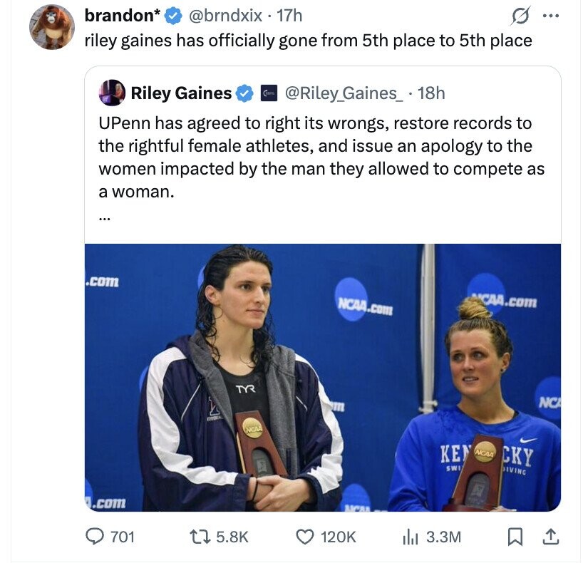 brandon* @brndxix 17h ... riley gaines has officially gone from 5th place to 5th place Riley Gaines CARPEL @Riley_Gaines_ 18h UPenn has agreed to right its wrongs, restore records to the rightful female athletes, and issue an apology to the women impacted by the man they allowed to compete as a woman. ... .com CAA.com NCAA.com TYR NCA ESPOCA NCAA KEN NCAA CKY SWI DIVING .com NCAA 701 5.8K 120K ilst 3.3M