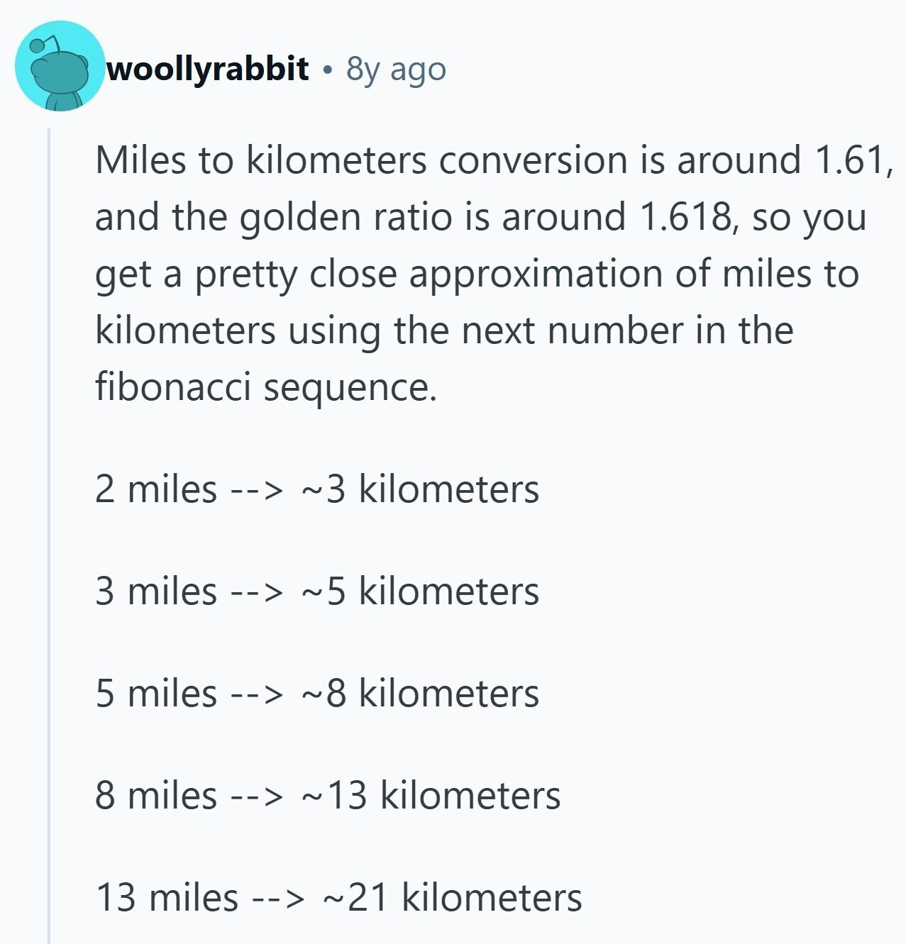 woollyrabbit 8y ago Miles to kilometers conversion is around 1.61, and the golden ratio is around 1.618, so you get a pretty close approximation of miles to kilometers using the next number in the fibonacci sequence. 2 miles --> ~3 kilometers 3 miles --> ~5 kilometers 5 miles s--> ~8 kilometers 8 miles --> ~13 kilometers 13 miles --> ~21 kilometers
