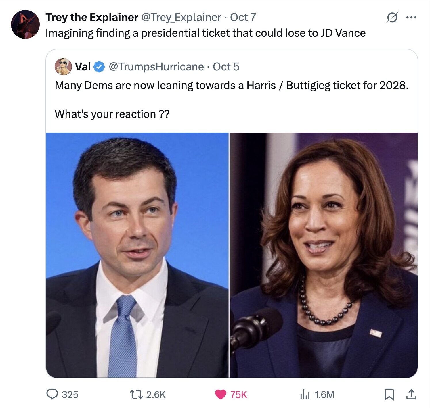 Trey the Explainer @Trey_Explainer Oct 7 ... Imagining finding a presidential ticket that could lose to JD Vance Val @TrumpsHurricane Oct 5 Many Dems are now leaning towards a Harris / Buttigieg ticket for 2028. What's your reaction ?? 325 2.6K 75K da 1.6M 