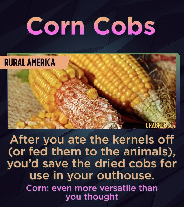 Corn Cobs RURAL AMERICA After you ate the kernels off (or fed them to the animals), you'd save the dried cobs for use in your outhouse. Corn: even mor