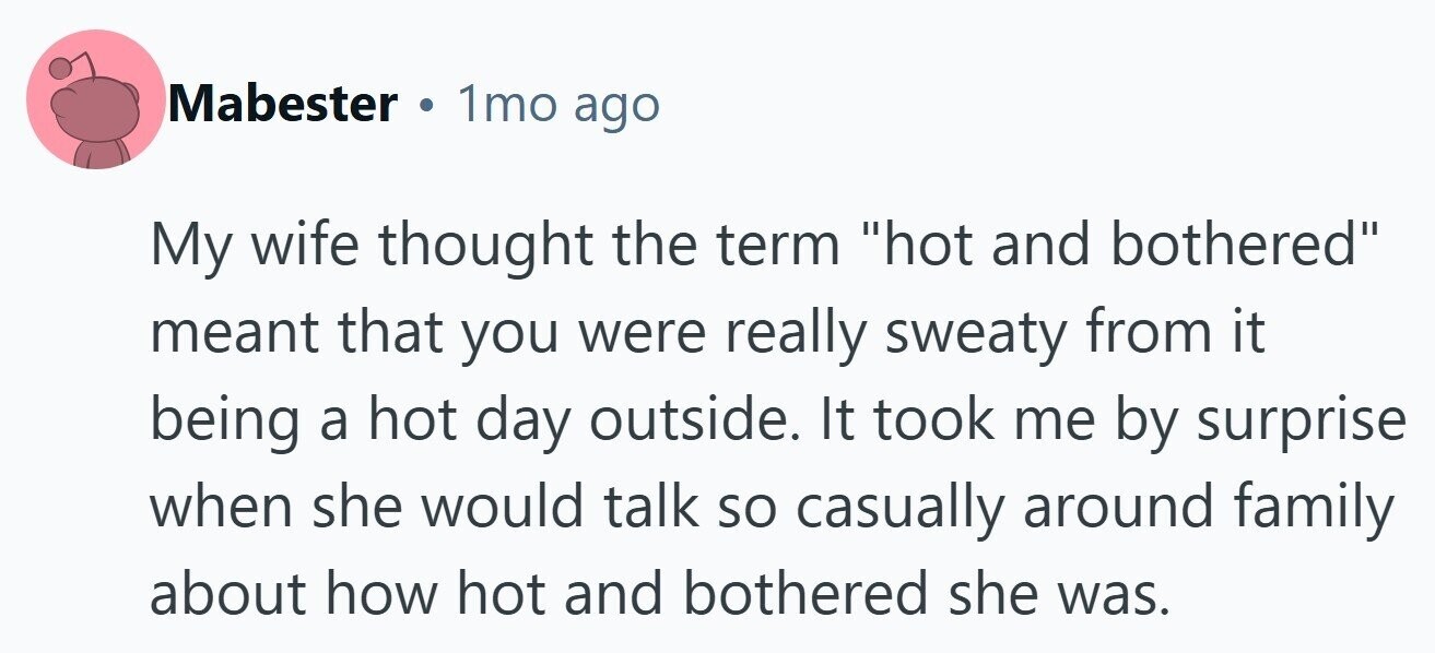 Mabester 1mo ago My wife thought the term hot and bothered meant that you were really sweaty from it being a hot day outside. It took me by surprise when she would talk so casually around family about how hot and bothered she was. 