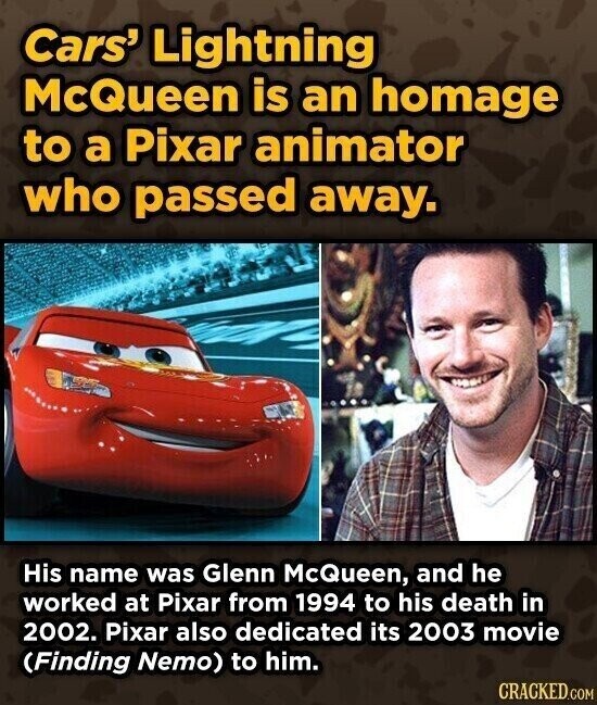 Cars' Lightning McQueen is an homage to a Pixar animator who passed away. His name was Glenn McQueen, and he worked at Pixar from 1994 to his death in 2002. Pixar also dedicated its 2003 movie (Finding Nemo) to him. CRACKED.COM