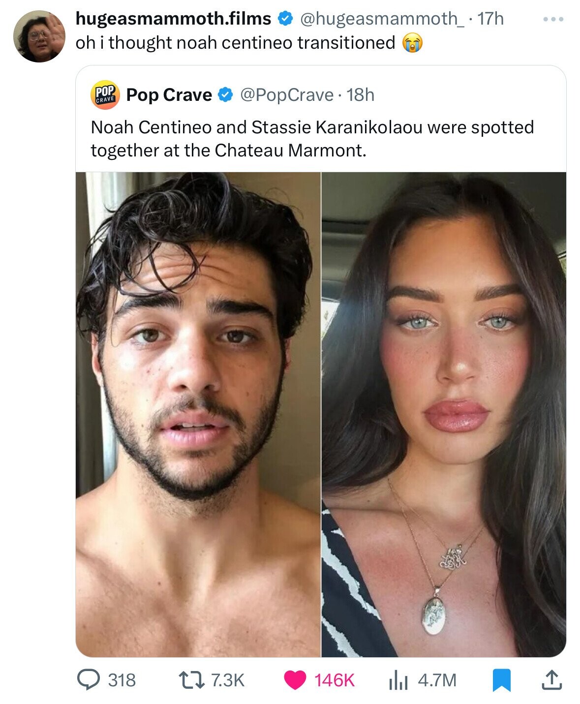 hugeasmammoth.films @hugeasmammoth_ - 17h ... oh i thought noah centineo transitioned POP CRAVE Pop Crave @PopCrave 18h Noah Centineo and Stassie Karanikolaou were spotted together at the Chateau Marmont. 7.3K 318 146K 4.7M