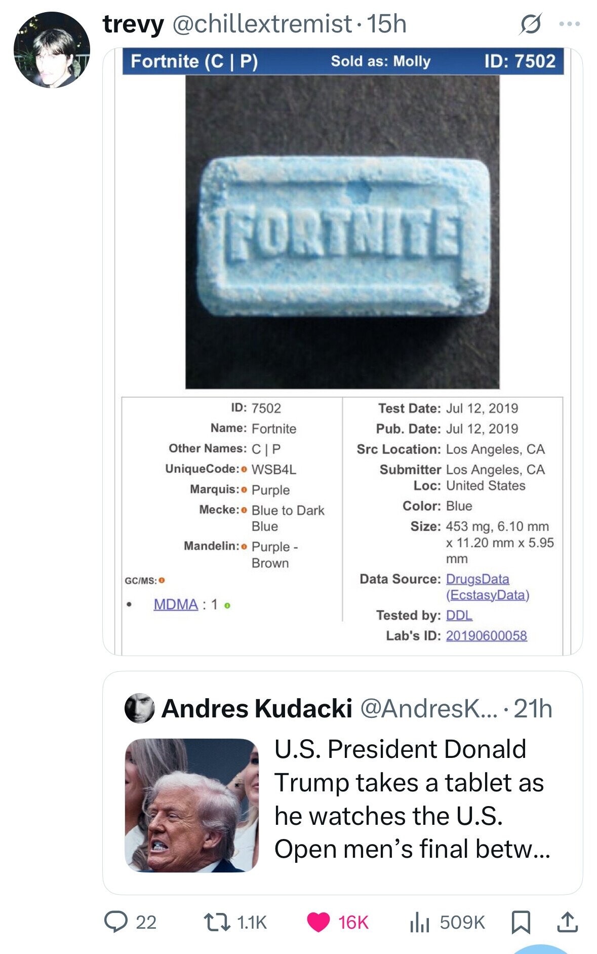 trevy @chillextremist - 1 15h ... Fortnite (С P) ID: 7502 Sold as: Molly FORTNITE ID: 7502 Test Date: Jul 12, 2019 Name: Fortnite Pub. Date: Jul 12, 2019 Other Names: с P Src Location: Los Angeles, CA UniqueCode: WSB4L Submitter Los Angeles, CA Loc: United States Marquis: Purple Color: Blue Mecke: Blue to Dark Blue Size: 453 mg, 6.10 mm X 11.20 mm X 5.95 Mandelin: Purple - mm Brown GC/MS: Data Source: DrugsData (EcstasyData) MDMA:1 Tested by: DDL Lab's ID: 20190600058 Andres Kudacki @AndresK... 21h U.S. President Donald Trump takes a tablet as he watches the U.S. Open men's final betw...