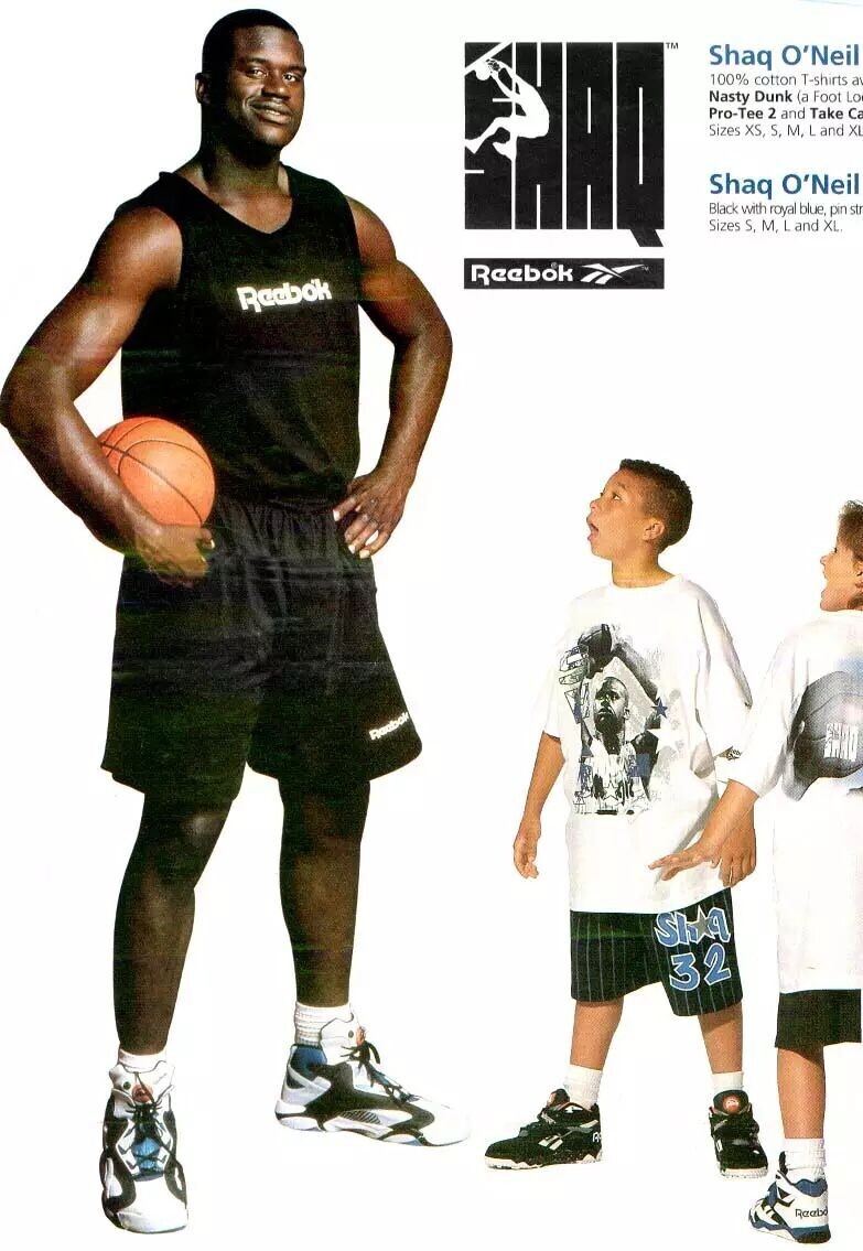 TM Shaq O'Neil 100% cotton T-shirts a Nasty Dunk (a Foot Lo Pro-Tee 2 and Take Ca Sizes XS, S, M, L and XL Shaq O'Neil Black with royal blue pin str Sizes S, M, L and XL Reebok Redbok Reabol Shua 32 Realx