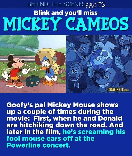 BEHIND-THE-SCENES FACTS Blink and you'll miss MICKEY CAMEOS CRACKED.com Goofy's pal Mickey Mouse shows up a couple of times during the movie: First, when he and Donald are hitchiking down the road. And later in the film, he's screaming his fool mouse ears off at the Powerline concert.