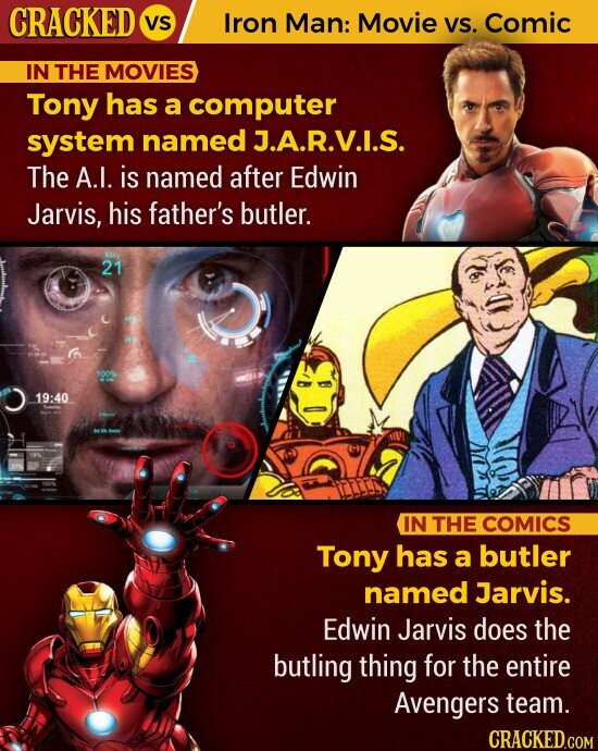 CRACKED VS Iron Man: Movie VS. Comic IN THE MOVIES Tony has a computer system namedJ.A.R.V.I.S. The A.I. is named after Edwin Jarvis, his father's butler. 21 19:40 IN THE COMICS Tony has a butler named Jarvis. Edwin Jarvis does the butling thing for the entire Avengers team.