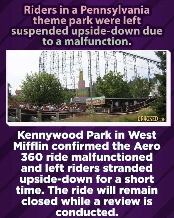 Riders in a Pennsylvania theme park were left suspended upside-down due to a malfunction. ROT ITO PATCH CRACKED.COM Kennywood Park in West Mifflin confirmed the Aero 360 ride malfunctioned and left riders stranded upside-down for a short time. The ride will remain closed while a review is conducted.