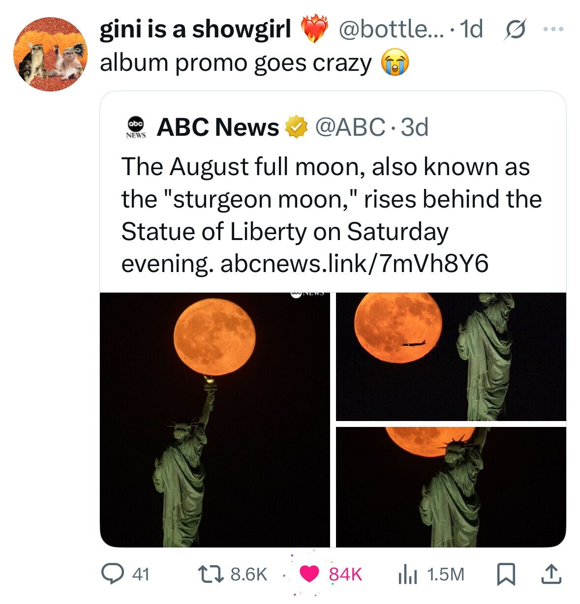 gini is a showgirl @bottle... .1d s ... album promo goes crazy abc ABC News NEWS @ABC.3d The August full moon, also known as the sturgeon moon, rises behind the Statue of Liberty on Saturday evening. abcnews.link/7mVh8Y6 41 8.6K 84K 1.5M 