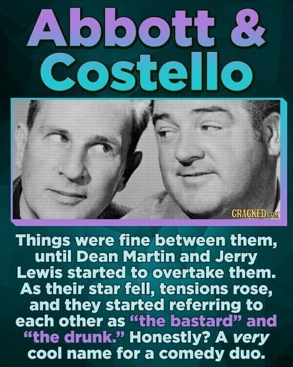Abbott & Costello CRACKED.COM Things were fine between them, until Dean Martin and Jerry Lewis started to overtake them. As their star fell, tensions rose, and they started referring to each other as the bastard and the drunk. Honestly? A very cool name for a comedy duo.