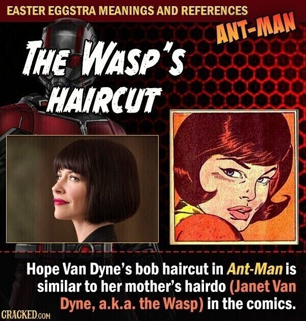 EASTER EGGSTRA MEANINGS AND REFERENCES ANT-MAN THE WASP'S HAIRCUT Hope Van Dyne's bob haircut in Ant-Man is similar to her mother's hairdo (Janet Van Dyne, a.k.a. the Wasp) in the comics. CRACKED.COM