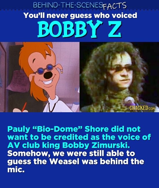 BEHIND-THE-SCENESFACTS SSENES You'll never guess who voiced BOBBY Z CRACKED.COM Pauly 'Bio-Dome Shore did not want to be credited as the voice of AV club king Bobby Zimurski. Somehow, we were still able to guess the Weasel was behind the mic.