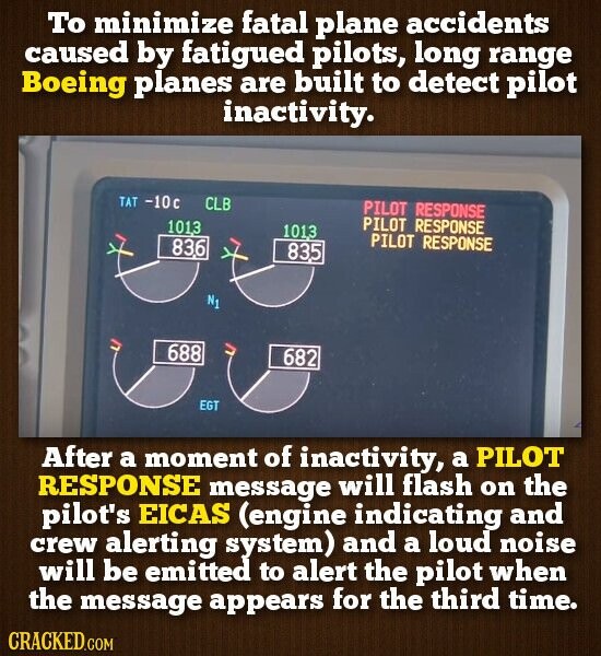 To minimize fatal plane accidents caused by fatigued pilots, long range Boeing planes are built to detect pilot inactivity. TAT -10c CLB PILOT RESPONSE PILOT RESPONSE 1013 1013 PILOT RESPONSE 836 83,5 N1 688 682 EGT After a moment of inactivity, a PILOT RESPONSE message will flash on the pilot's EICAS (engine indicating and crew alerting system) and a loud noise will be emitted to alert the pilot when the message appears for the third time. CRACKED.COM