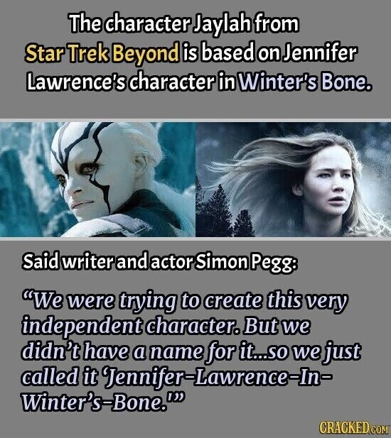 The character Jaylah from Star Trek Beyond is based on Jennifer Lawrence's character in Winter's Bone. Said writer and actor Simon Pegg: We were trying to create this very independent character. But we didn't have a name for it...so we just called it Jennifer-Lawrence-In- Winter's-Bone. CRACKED.COM