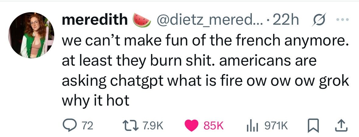 meredith @dietz_mered... 22h s ... we can't make fun of the french anymore. at least they burn shit. americans are asking chatgpt what is fire ow ow ow grok why it hot 72 7.9K 85K 971K 