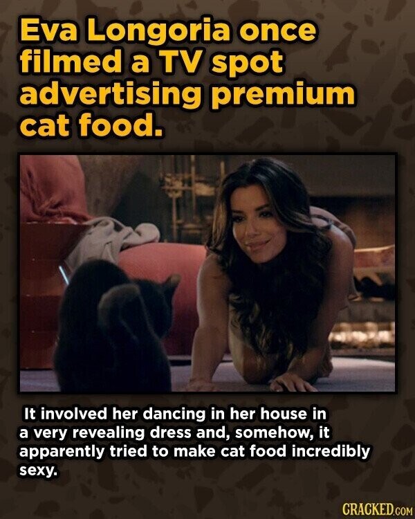 Eva Longoria once filmed a TV spot advertising premium cat food. It involved her dancing in her house in a very revealing dress and, somehow, it apparently tried to make cat food incredibly sexy. CRACKED.COM
