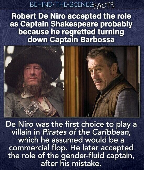 BEHIND-THE-SCENES FACTS Robert De Niro accepted the role as Captain Shakespeare probably because he regretted turning down Captain Barbossa De Niro was the first choice to play a villain in Pirates of the Caribbean, which he assumed would be a commercial flop. Не later accepted the role of the gender-fluid captain, after his mistake.