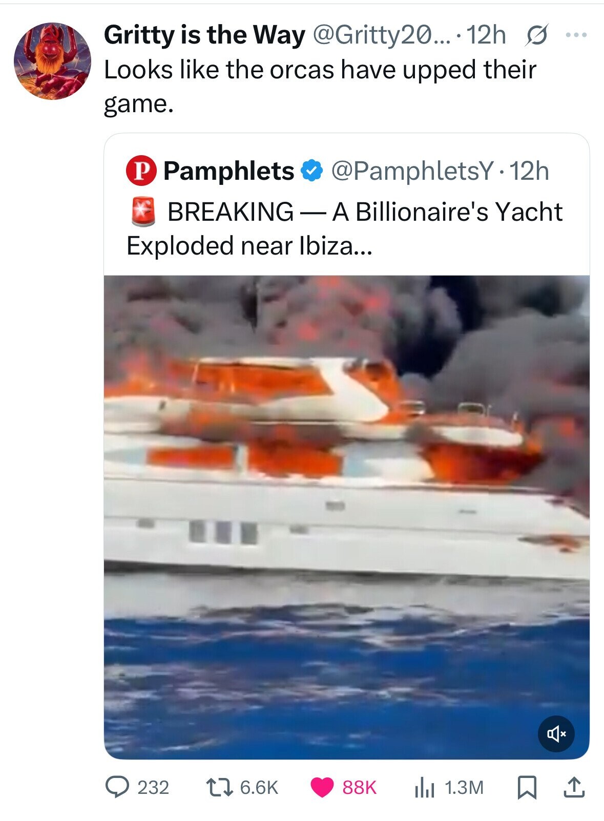 Gritty is the Way @Gritty20.... 12h s ... Looks like the orcas have upped their game. P Pamphlets @PamphletsY-12h BREAKING-A Billionaire's Yacht Exploded near Ibiza... 232 6.6K 88K 1.3M 