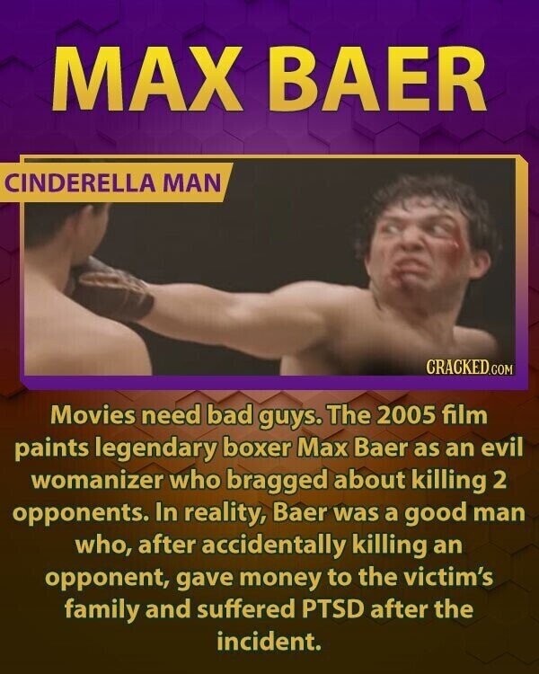 MAX BAER CINDERELLA MAN CRACKED.COM Movies need bad guys. The 2005 film paints legendary boxer Max Baer as an evil womanizer who bragged about killing 2 opponents. In reality, Baer was a good man who, after accidentally killing an opponent, gave money to the victim's family and suffered PTSD after the incident.