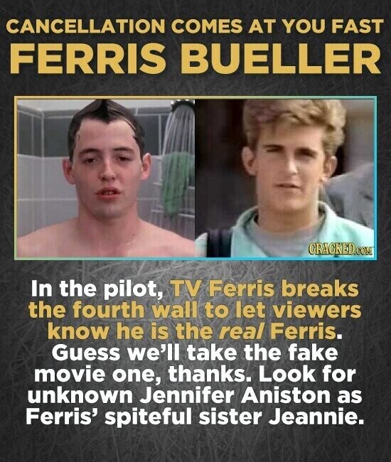 CANCELLATION COMES AT YOU FAST FERRIS BUELLER CRACKED.COM In the pilot, TV Ferris breaks the fourth wall to let viewers know he is the real Ferris. Guess we'll take the fake movie one, thanks. Look for unknown Jennifer Aniston as Ferris' spiteful sister Jeannie.