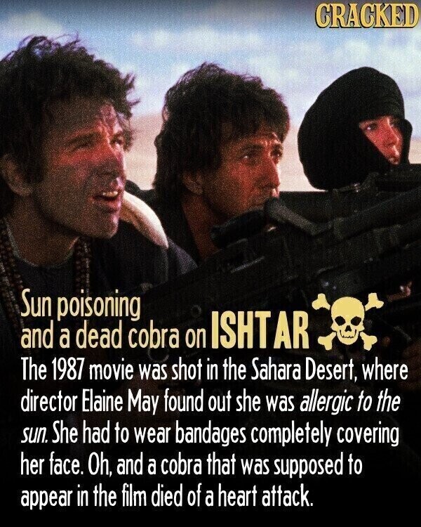 CRACKED Sun poisoning and a dead cobra on ISHTAR The 1987 movie was shot in the Sahara Desert, where director Elaine May found out she was allergic to the sun. She had to wear bandages completely covering her face. Oh, and a cobra that was supposed to appear in the film died of a heart attack.
