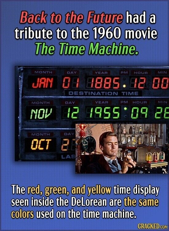 Back to the Future had a tribute to the 1960 movie The Time Machine. MONTH PM MIN DAY YEAR HOUR JAN 08 8885 82 00 DESTINATION TIME PM HOUR YEAR MIN MONTH DAY 12 1955 09 28 NOV DAY MONTH OCT 28 LAS The red, green, and yellow time display seen inside the DeLorean are the same colors used on the time machine. CRACKED.COM
