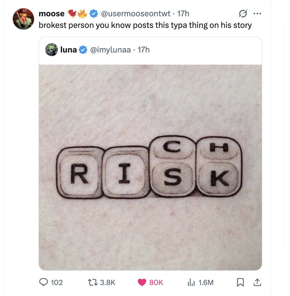 moose @usermooseontwt-17h s ... brokest person you know posts this typa thing on his story luna @imylunaa . 17h C H R I S K 102 3.8K 80K 1.6M