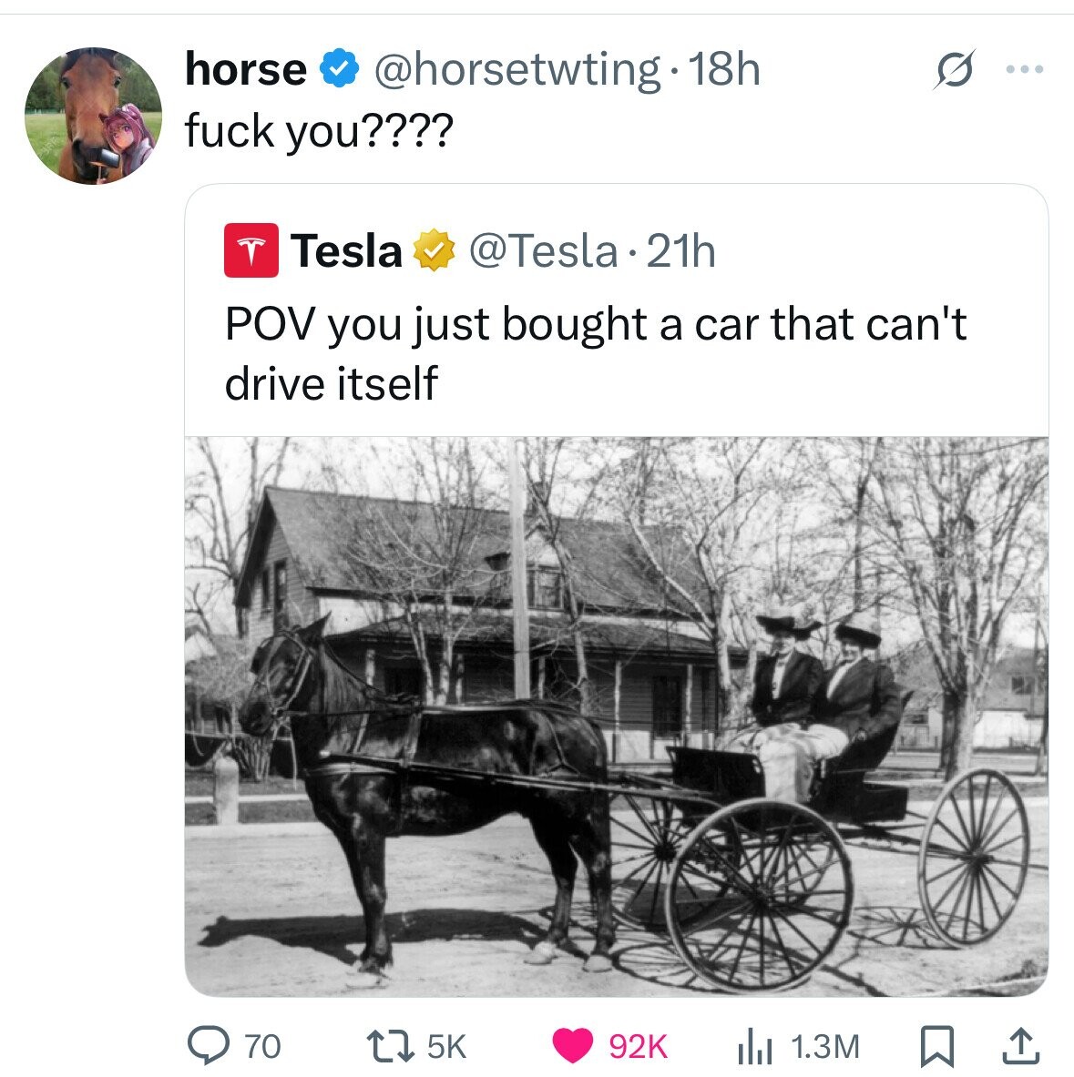 horse @horsetwting.18h S ... fuck you???? Tesla @Tesla.2 21h POV you just bought a car that can't drive itself 70 5K 92K 1.3M 