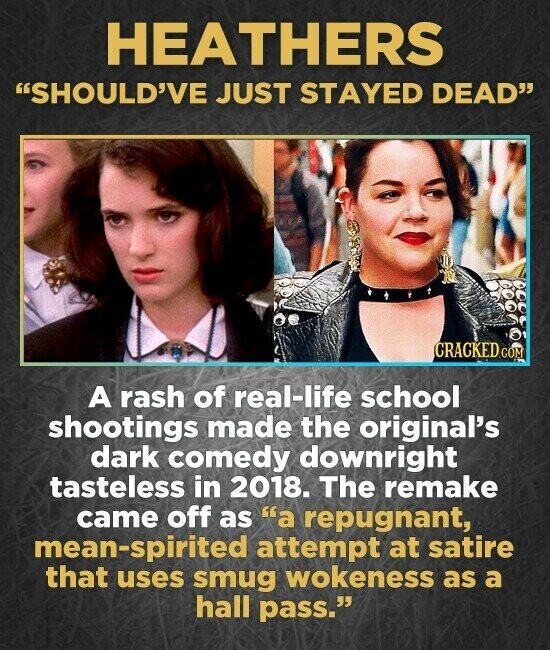 HEATHERS SHOULD'VE JUST STAYED DEAD CRACKED.COM A rash of real-life school shootings made the original's dark comedy downright tasteless in 2018. The remake came off as a repugnant, mean-spirited attempt at satire that uses smug wokeness as a hall pass.