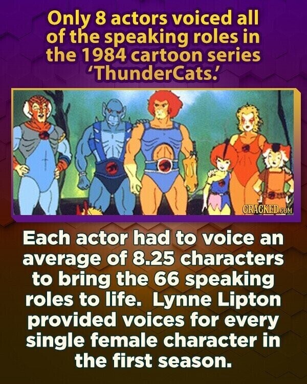 Only 8 actors voiced all of the speaking roles in the 1984 cartoon series 'ThunderCats.' CRACKED.COM Each actor had to voice an average of 8.25 characters to bring the 66 speaking roles to life. Lynne Lipton provided voices for every single female character in the first season.
