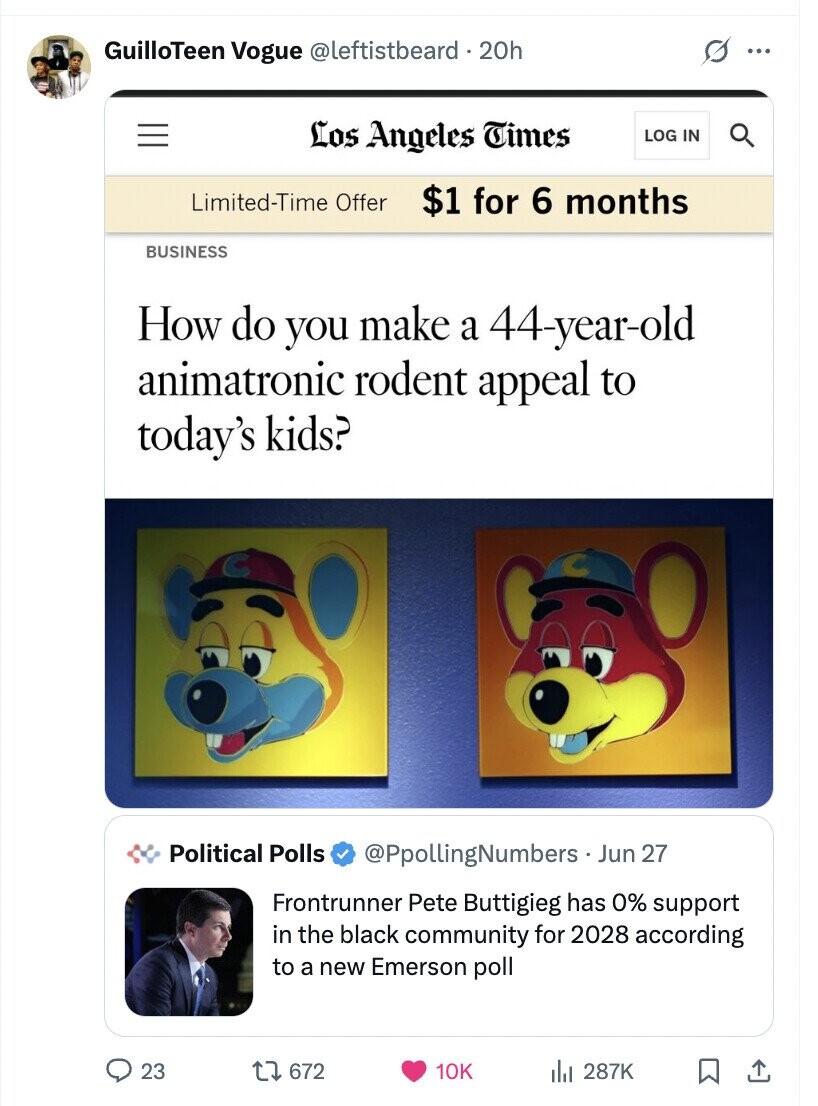 GuilloTeen Vogue @leftistbeard.20h s ... Los Angeles Times LOG IN Limited-Time Offer $1 for 6 months BUSINESS How do you make a 44-year-old animatronic rodent appeal to today's kids? Political Polls @PpollingNumbers . Jun 27 Frontrunner Pete Buttigieg has 0% support in the black community for 2028 according to a new Emerson poll 23 672 10K 287K