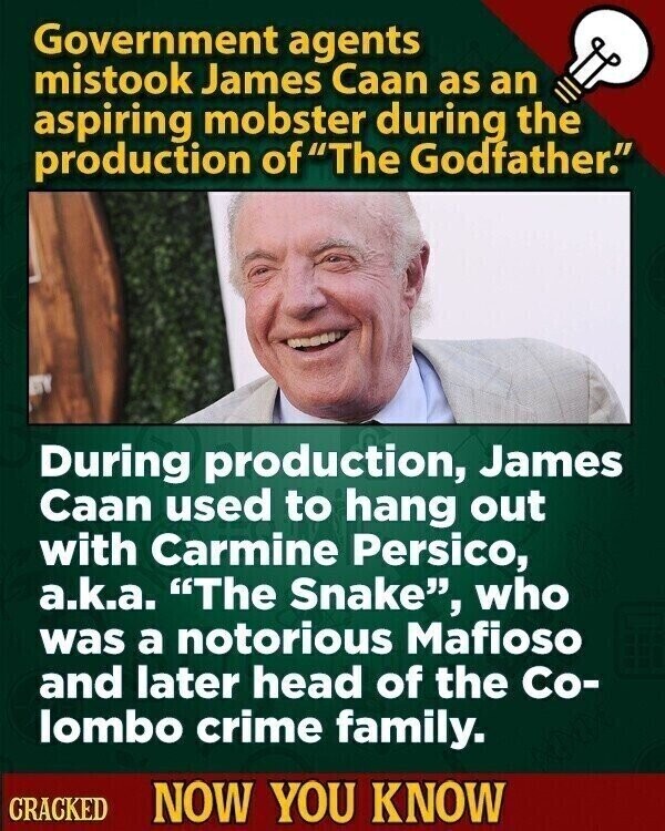 Government agents mistook James Caan as an aspiring mobster during the production of The Godfather. During production, James Caan used to hang out with Carmine Persico, a.k.a. The Snake, who was a notorious Mafioso and later head of the Co- lombo crime family. CRACKED NOW YOU KNOW
