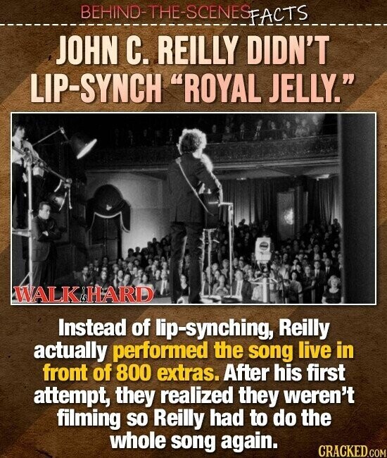 BEHIND-THE-SCENES FACTS JOHN С. REILLY DIDN'T LIP-SYNCH ROYAL JELLY. WALK HARD Instead of lip-synching, Reilly actually performed the song live in front of 800 extras. After his first attempt, they realized they weren't filming so Reilly had to do the whole song again. CRACKED.COM