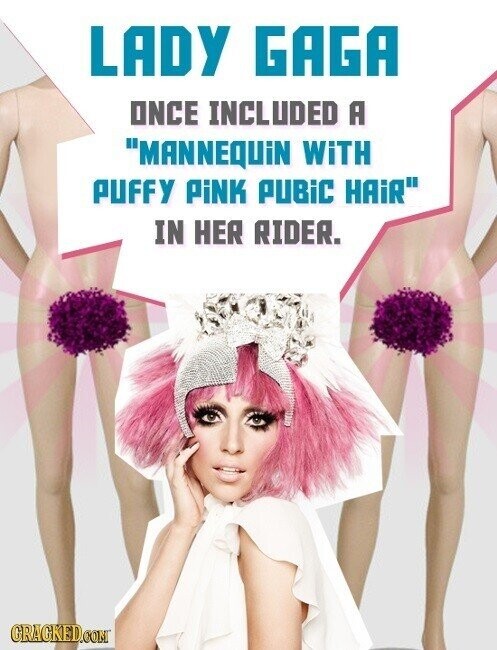 LADY GAGA ONCE INCLUDED A MANNEQUiN WiTH PUFFY PINK PUBiC HAIR IN HER RIDER. GRACKED.COM
