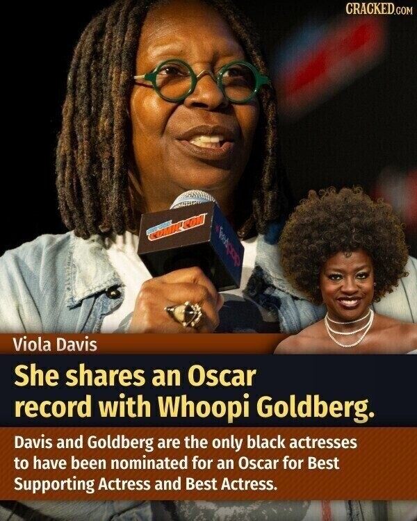CRACKED.COM COMICCON dockey Viola Davis She shares an Oscar record with Whoopi Goldberg. Davis and Goldberg are the only black actresses to have been nominated for an Oscar for Best Supporting Actress and Best Actress.