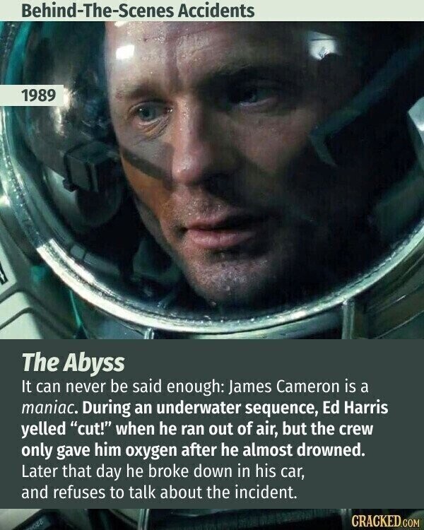 Behind-The-Scenes Accidents 1989 The Abyss It can never be said enough: James Cameron is a maniac. During an underwater sequence, Ed Harris yelled cut! when he ran out of air, but the crew only gave him oxygen after he almost drowned. Later that day he broke down in his car, and refuses to talk about the incident. CRACKED.COM